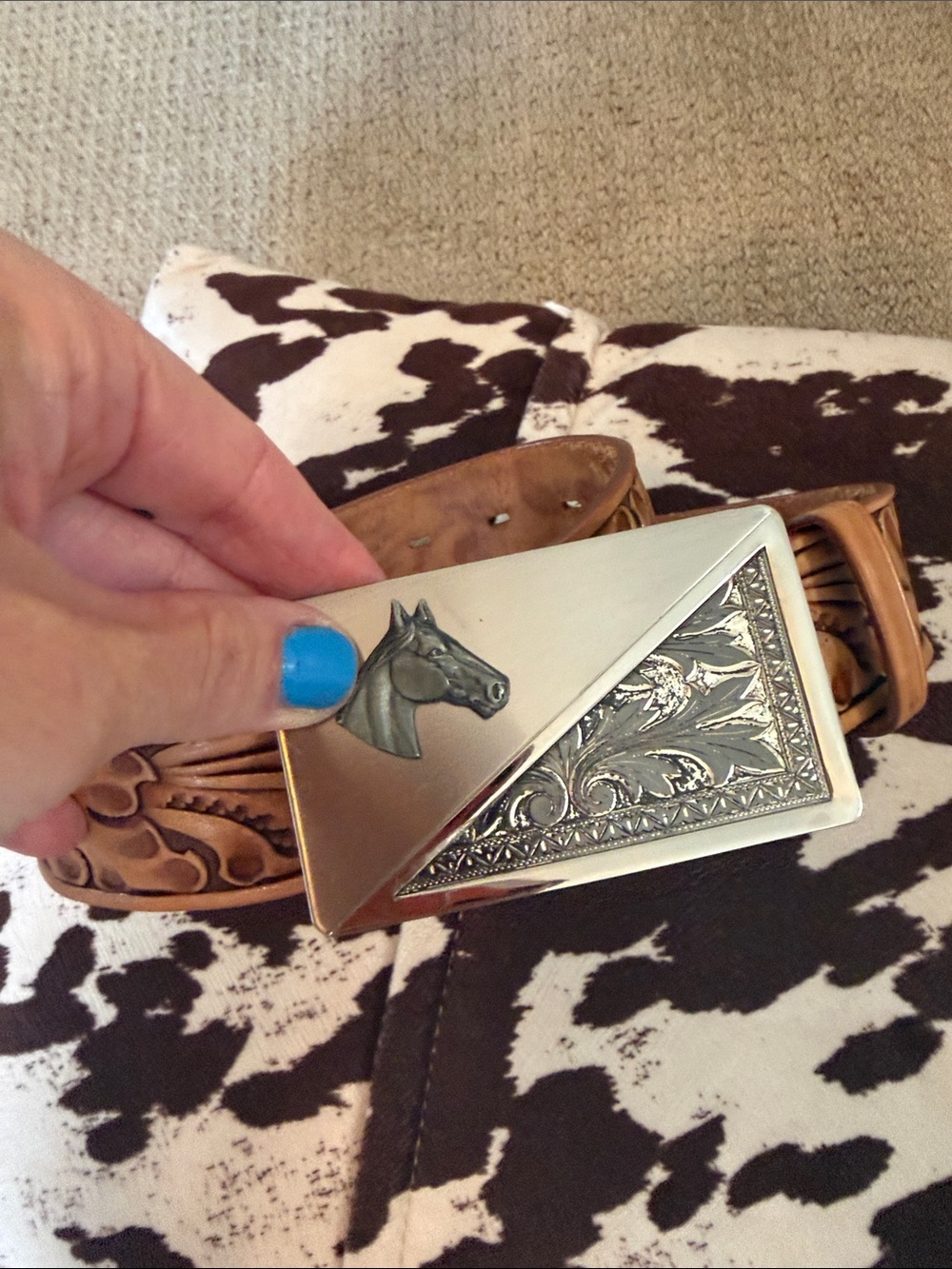 Vintage Justin Top Grain Cowhide Leather belt with Silver Horse Buckle Size 26